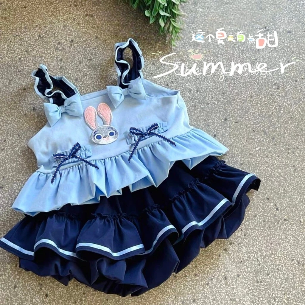 J夏季款女童时尚卡通兔子警官套装女宝韩版休闲洋气吊带套装X169