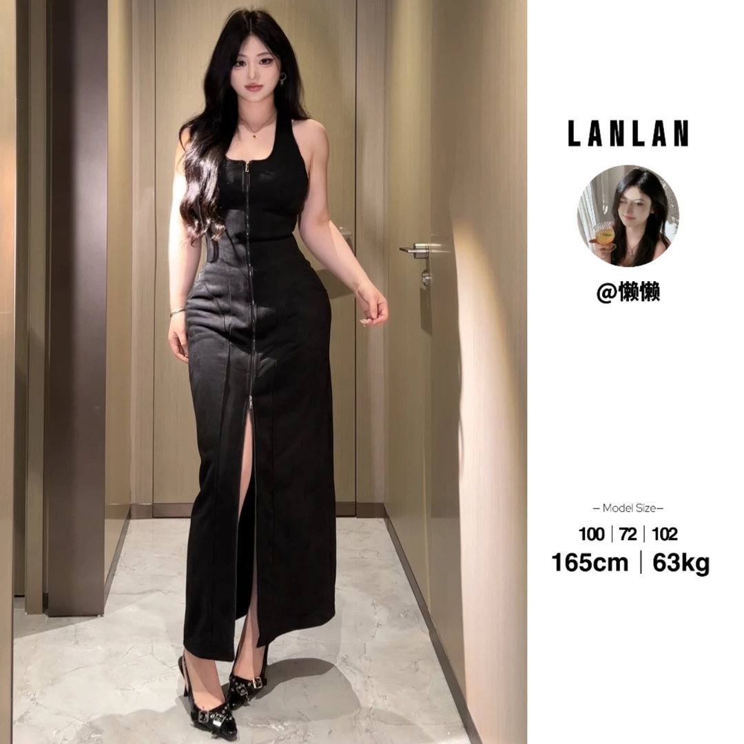 Lanlan现货【腰臀比攻略】性感辣妹拉链黑色显瘦连衣裙气质开叉长裙