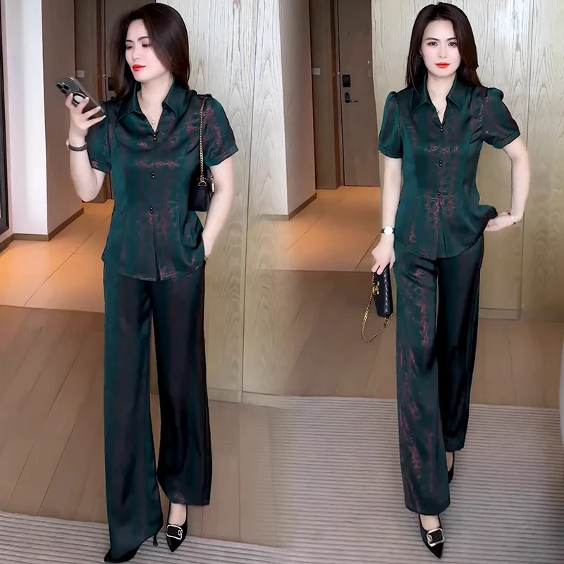 时尚套装女夏季新款洋气显瘦高级感翻领冰丝短袖衬衫阔腿裤两件套