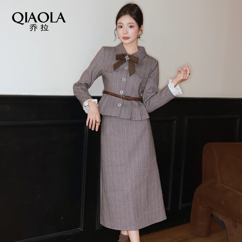 QIAOLA/乔拉【微风午后】小众设计斜纹毛呢单排扣轻奢外套套装