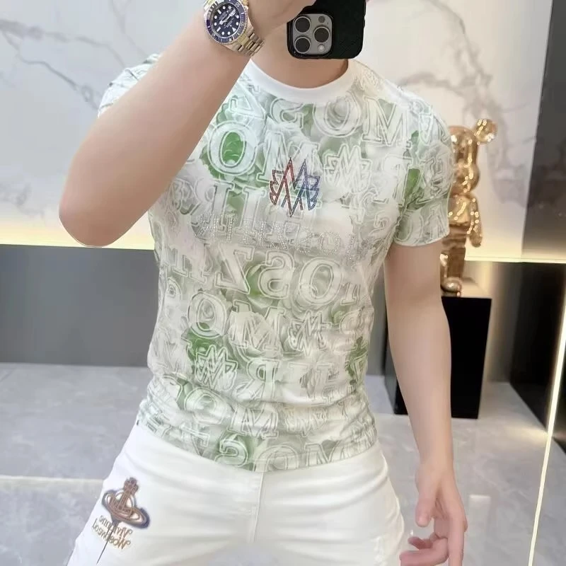 吉伦略索男士夏季个性短袖潮流烫钻印花修身帅气冰丝百搭圆领T恤