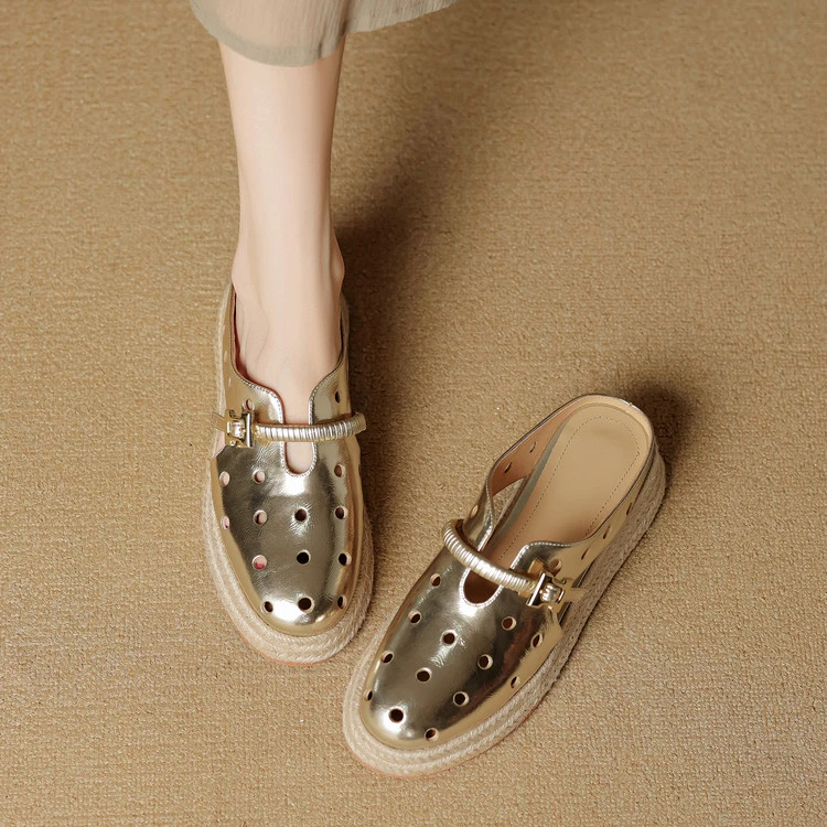 外穿厚底包头半拖鞋女真皮懒人金属扣凉拖草编坡跟松糕底金色单鞋