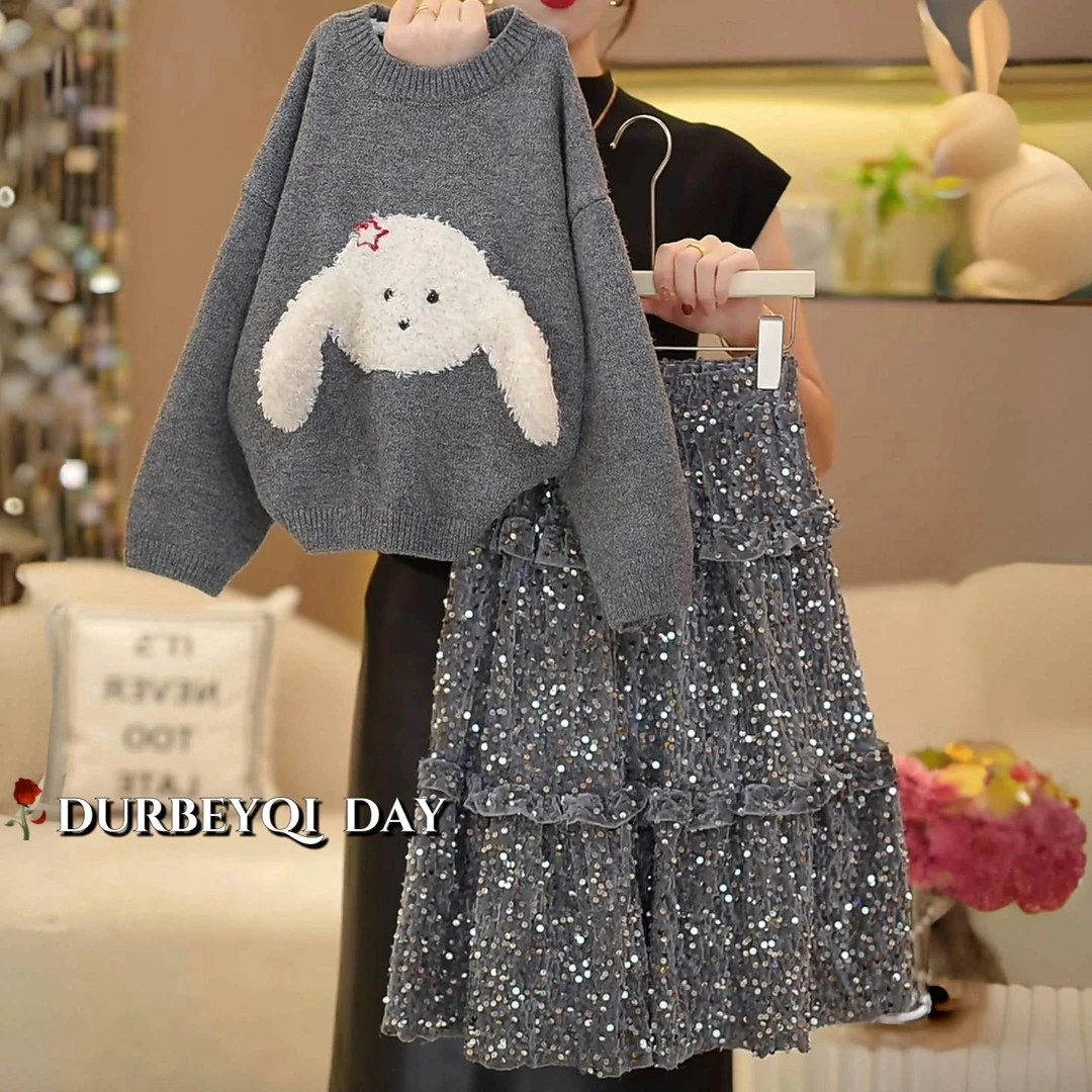 XHKB女童2024冬季新款圆领卡通时尚半身裙套装5009