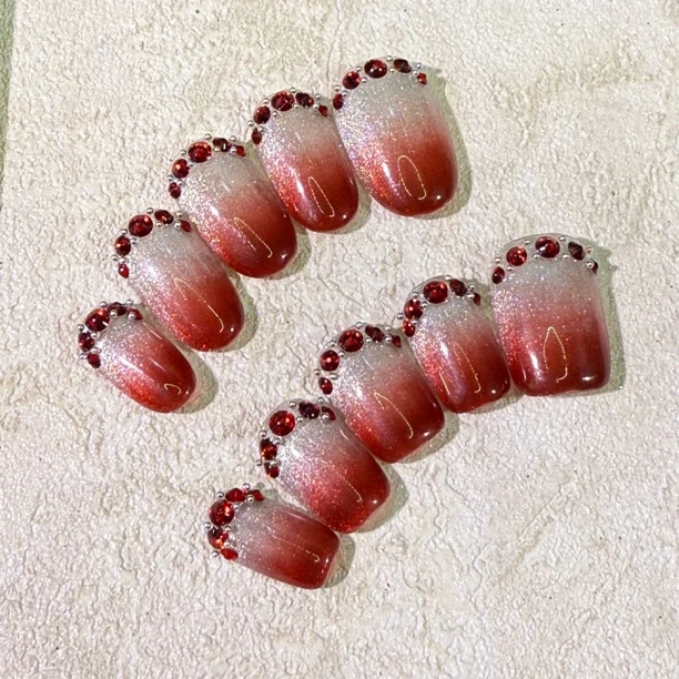 【焰火】卡曼carmen渐变银色猫眼印第安红碎钻全华子纯手工穿戴甲