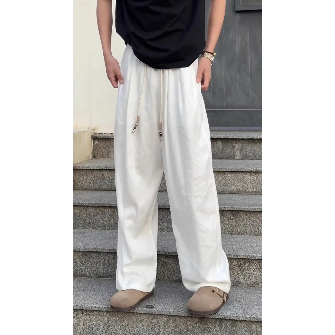 老钱风白色亚麻裤子男夏季薄款棉麻垂感阔腿裤cleanfit冰丝弯刀裤