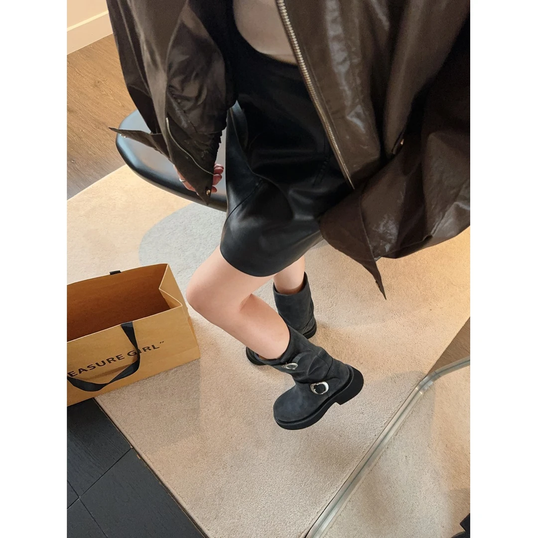 Superqueen~磨砂皮堆堆靴 厚底真皮短靴圆头擦色西部靴真皮机车靴