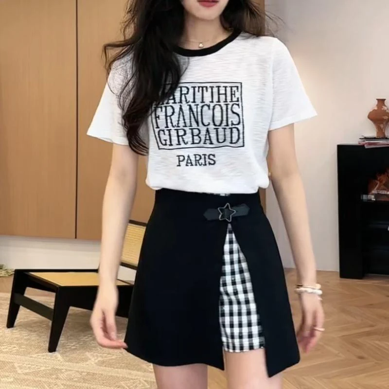 美式洋气套装2025新款夏季薄款时尚T恤短袖显瘦假两件裙裤两件套