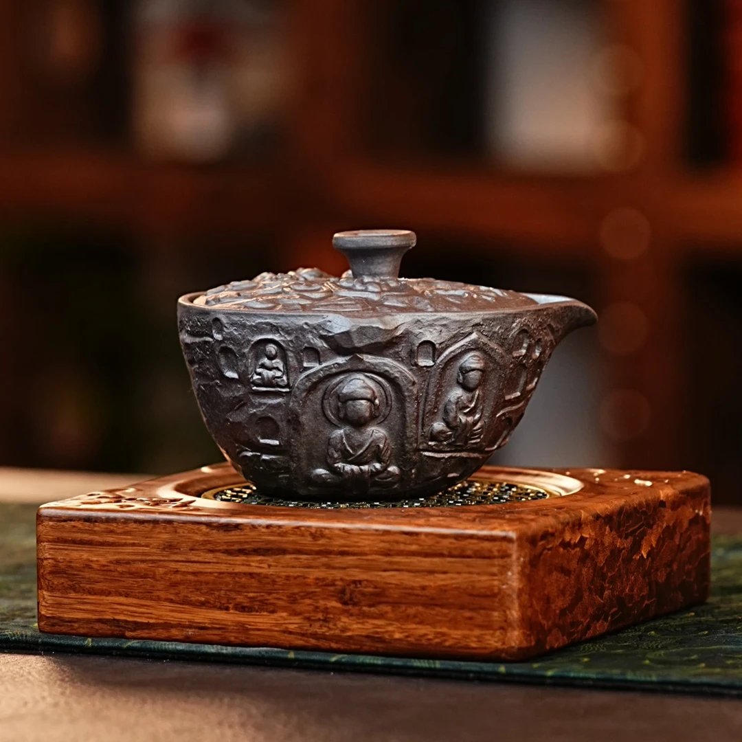 宜兴正宗紫砂石黄还原烧佛像子母手抓壶全手工紫砂壶紫砂工艺品