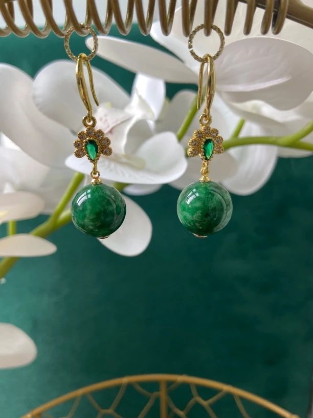 合金大理石耳饰 绿色单珠孔雀开屏耳饰