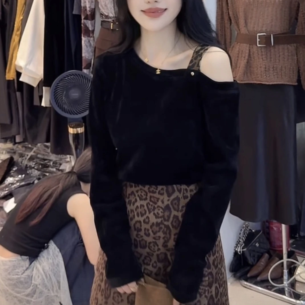 设计感韩版露肩豹纹黑色长袖打底衫时尚气质显瘦高级休闲减龄T恤