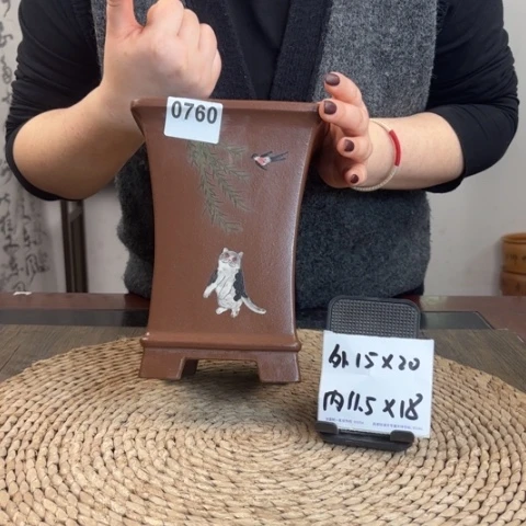 紫砂花盆紫泥猫咪手绘束腰四方0760