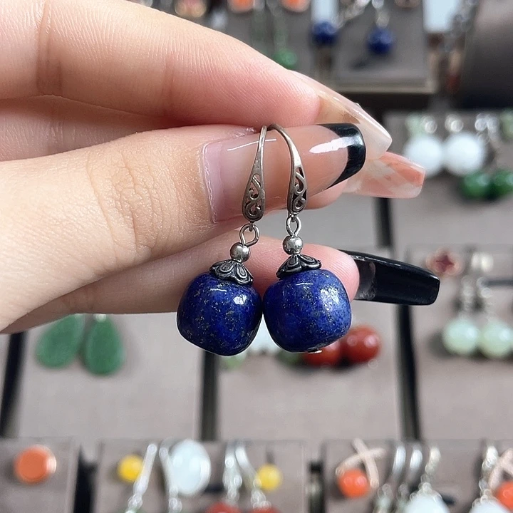 青金石银S925镶嵌耳饰12左右