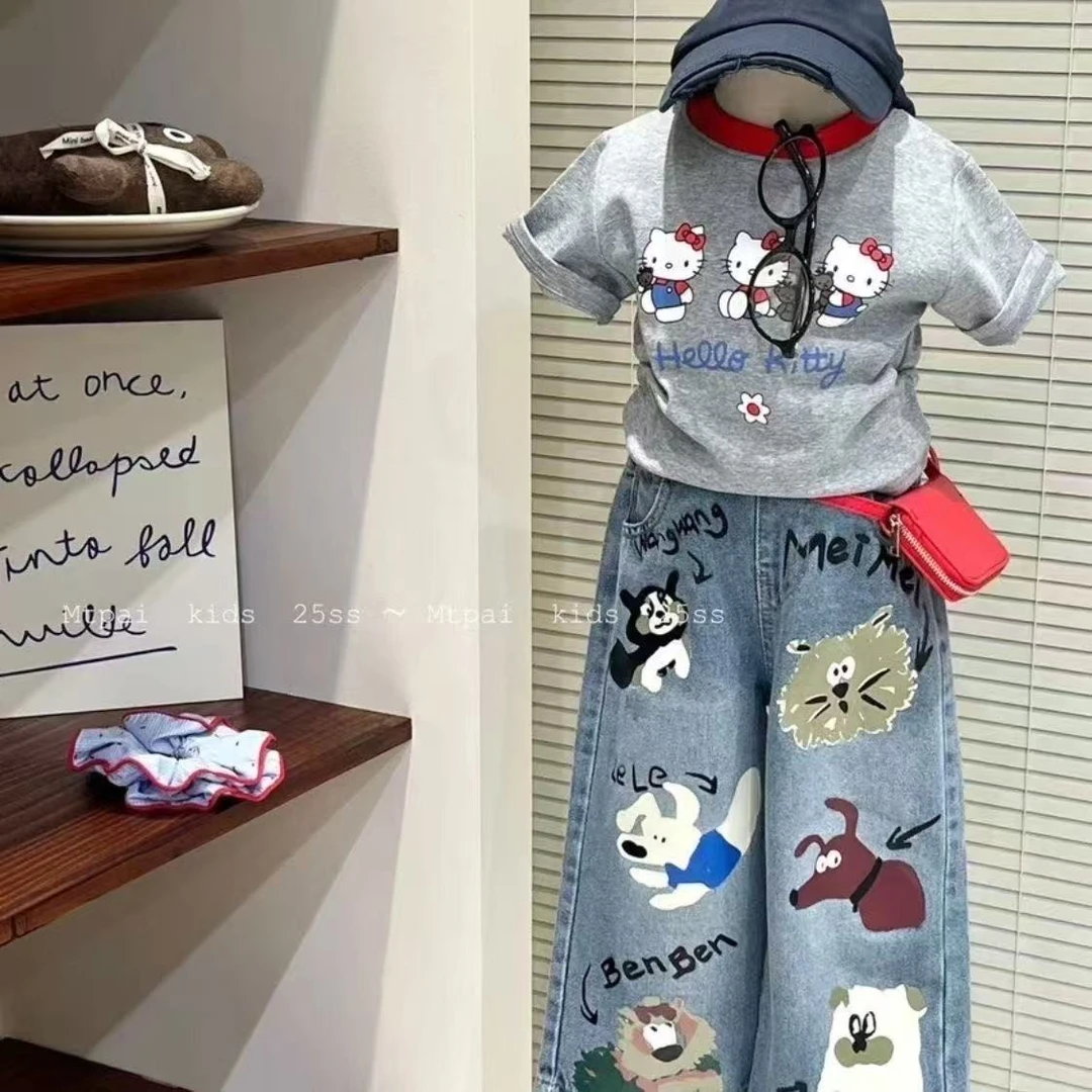 女童套装夏季2025新款儿童宝洋气kt猫短袖卡通牛仔阔腿裤两件套