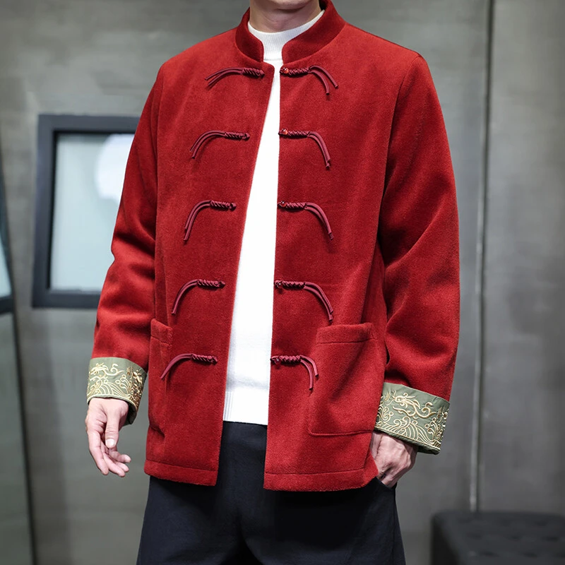 红色毛呢外套男高级感新中式男装秋季中国风复古盘扣唐装立领夹克