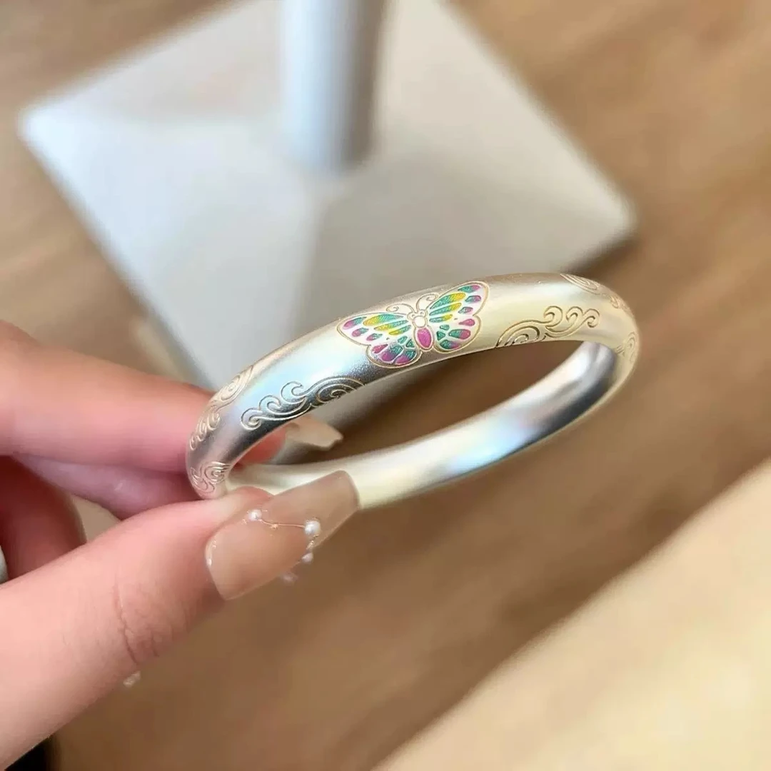 足银手镯 B04珐琅彩蝴蝶手镯闭口款