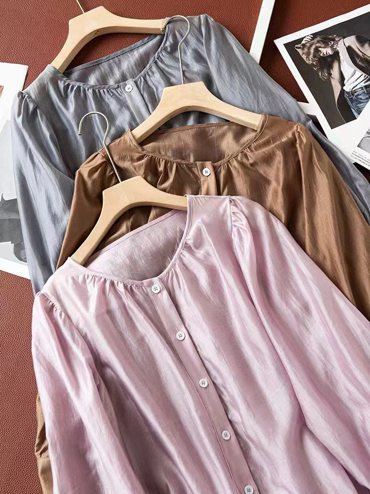 舒适透气莱赛尔天丝简约纯色凉感V领薄款长袖衬衫