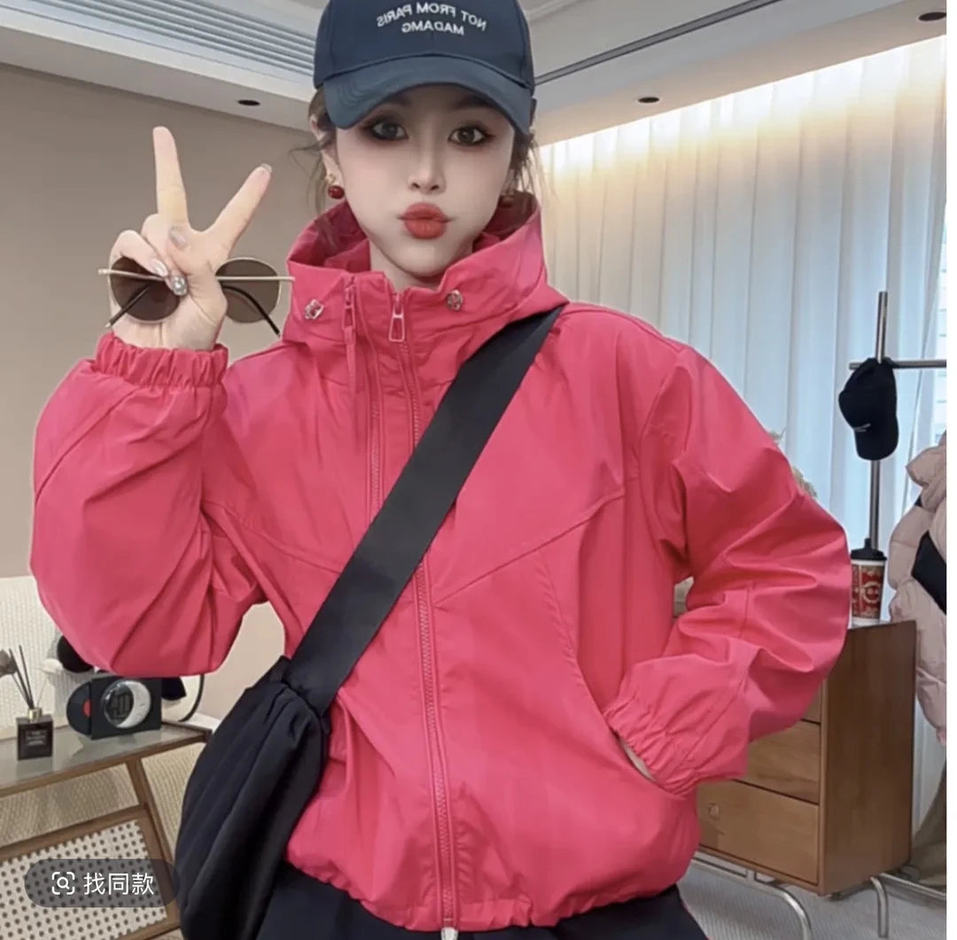 冲锋衣双拉链春秋外套女短款2025秋冬新款连帽时尚小个子夹克上衣