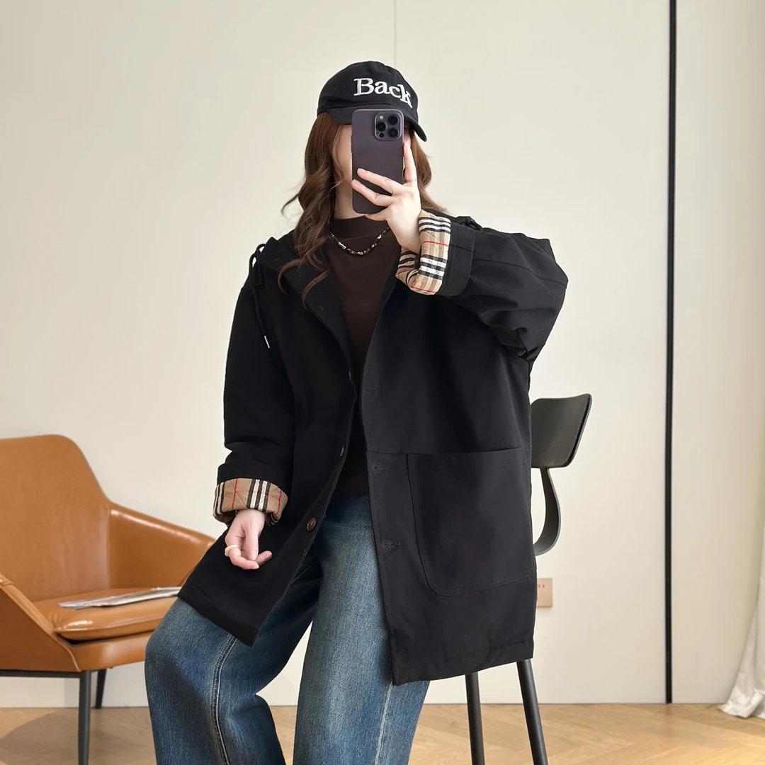 2025冬季新款纯棉加厚中长棉风衣里经典格子拉链连帽加厚中长棉服