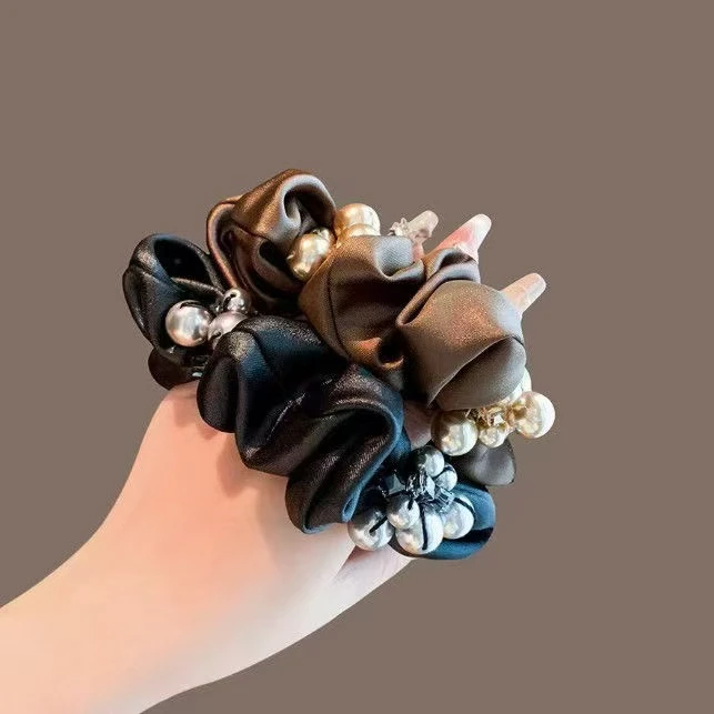 诗泊雅 高级感缎面黑色大肠发圈简约气质珍珠盘发肥肠圈