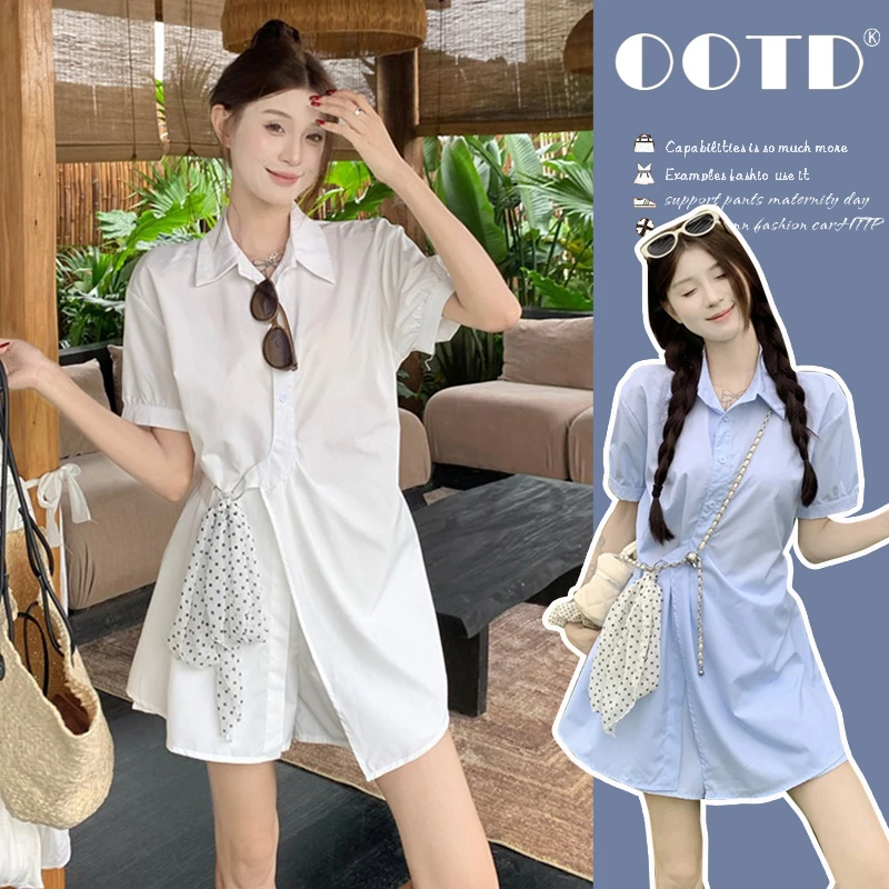 时髦孕妇装新款夏装新款设计感短袖衬衫装夏季短裤休闲孕妇两件套