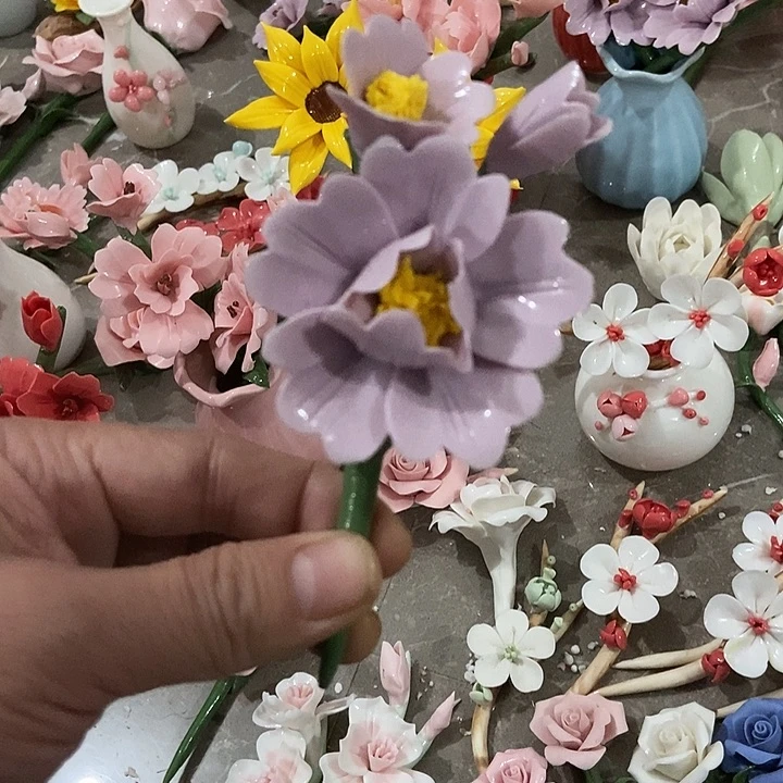 瓷片纯手工陶瓷花摆件瑕