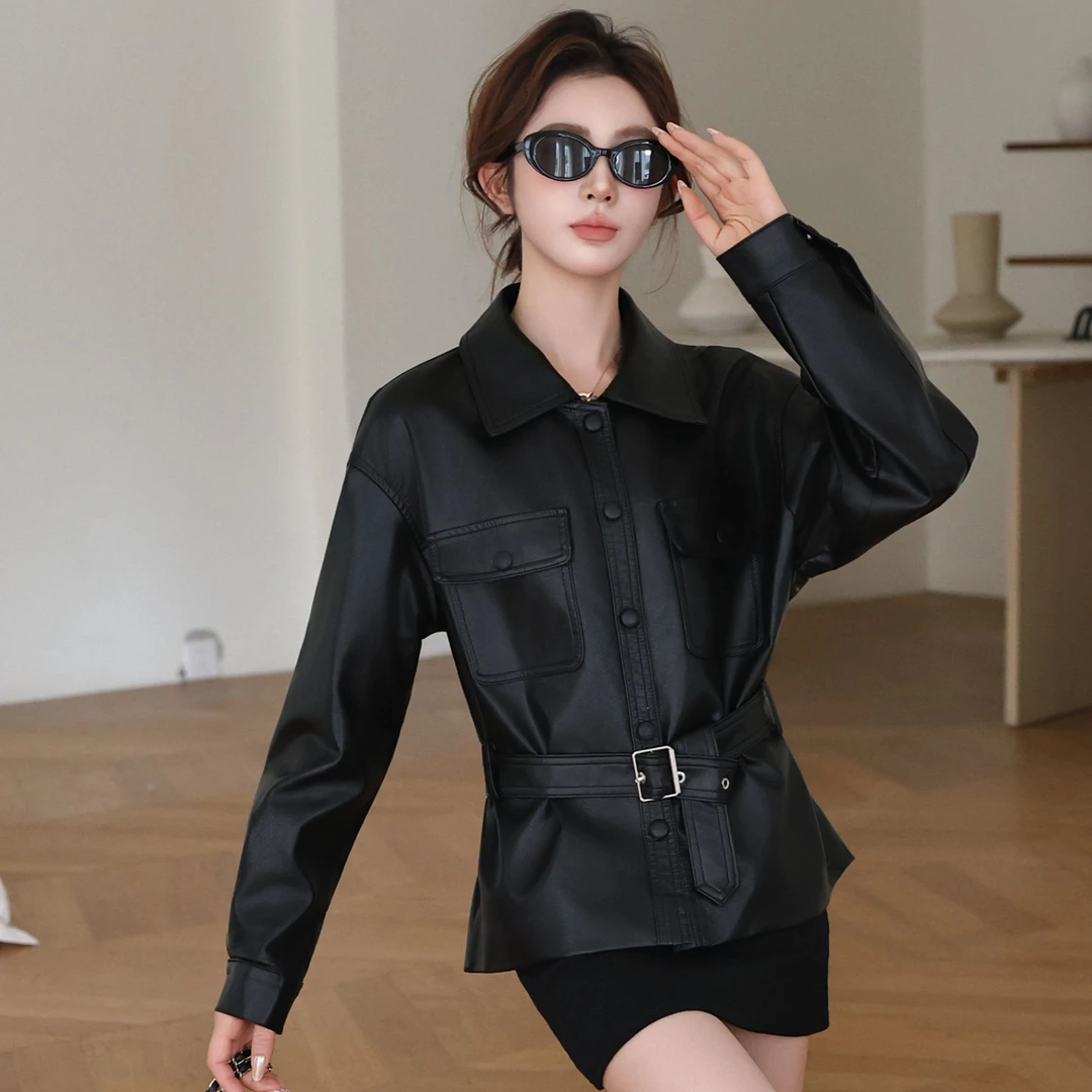 皮衣外套女2025秋季新款韩系气质收腰显瘦机车皮夹克上衣6005