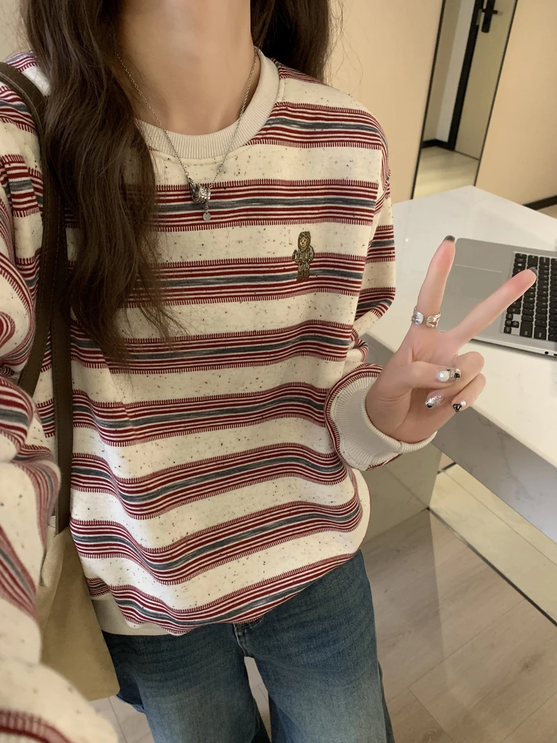 阿悄家 冬款 彩棉条纹飞行员小熊 加绒圆领# 86873