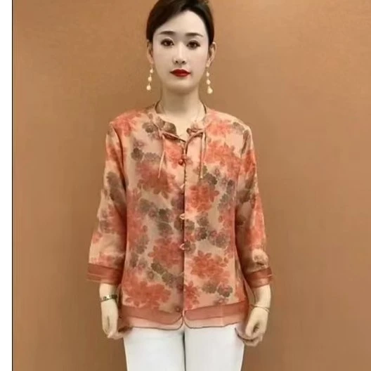 2025夏季气质妈妈装七分袖衬衫中老年女国风洋气上衣9898
