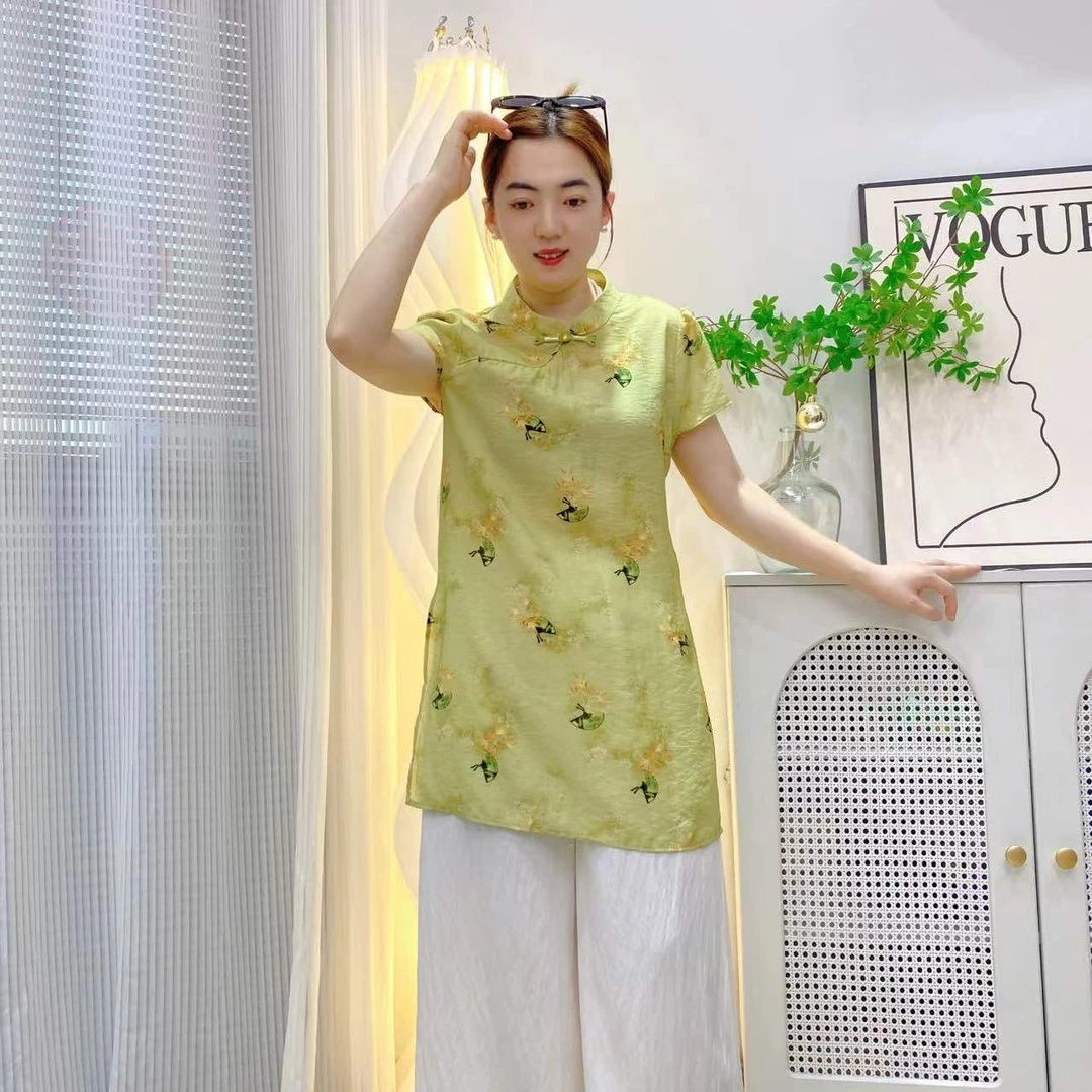 夏季新款新中式国风盘扣女士旗袍洋气上衣+气质阔腿裤爆款两件套