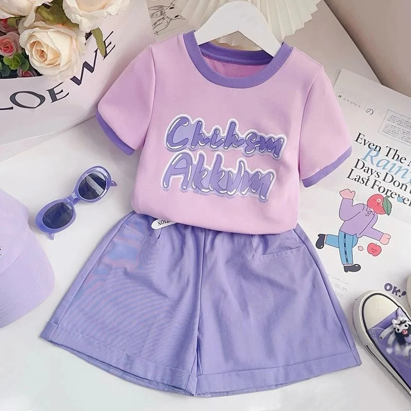 女童印花套装夏季2026新款女小童洋气时髦印花短袖休闲短裤两件套