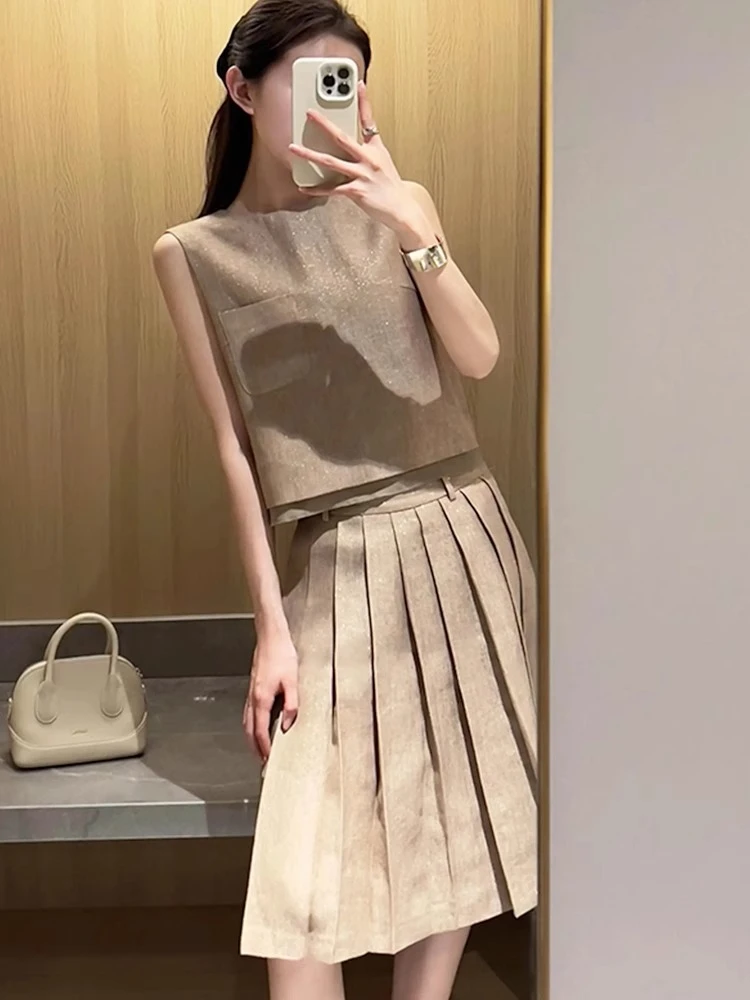 高知分子小香风亚麻套装女夏季穿搭气质通勤马甲百褶半身裙两件套