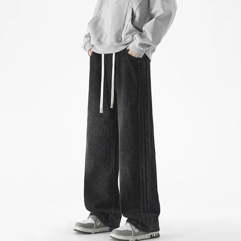 冬季男款宽松牛仔裤加绒加厚松紧腰软牛仔裤男女百搭垂感休闲宽松