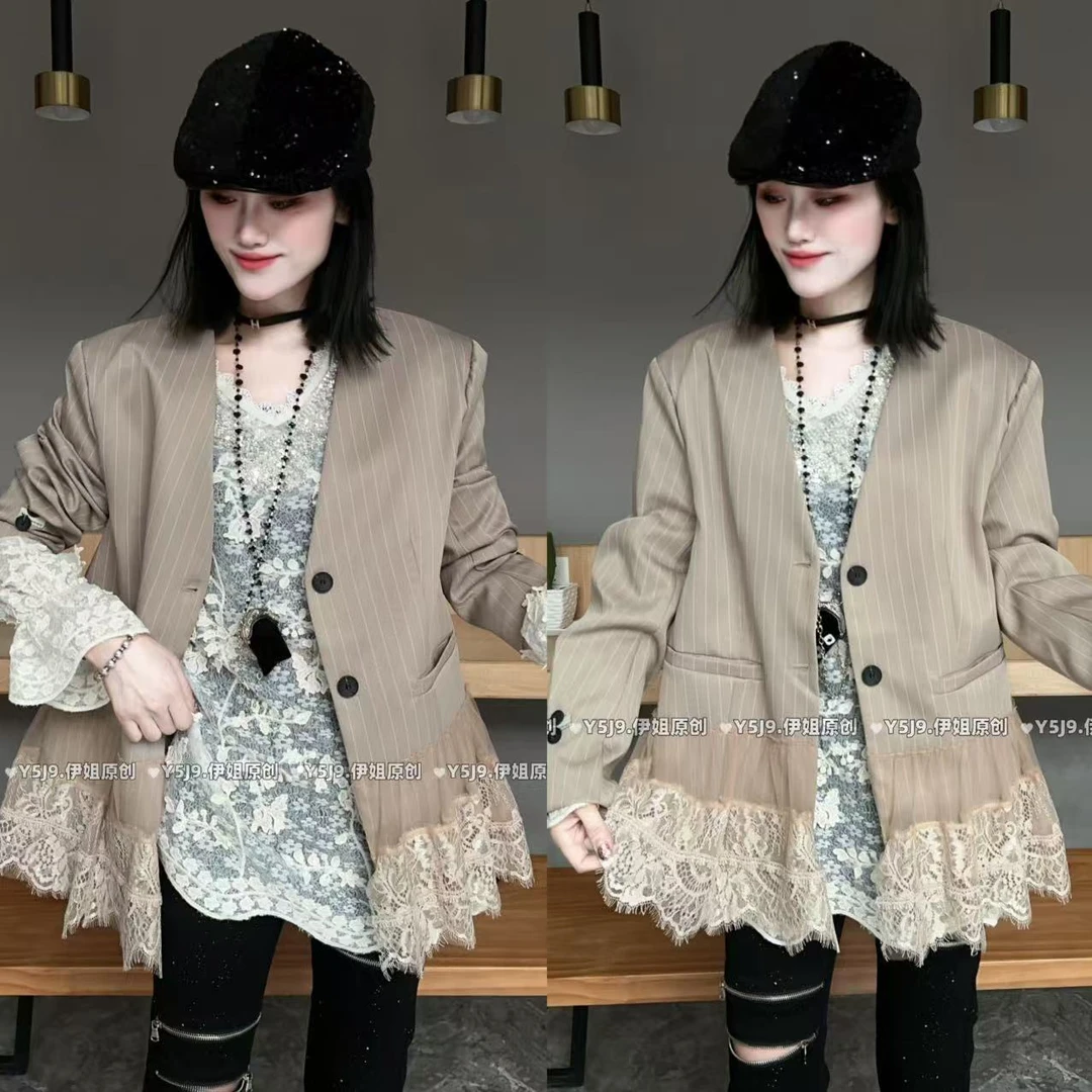 【YJ·高定】2025春夏宽松设计感蕾丝显瘦百搭条纹休闲西装女 YY1868