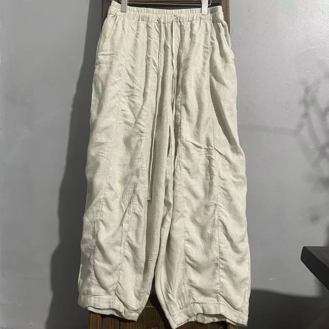 MX761抽绳松紧腰高端亚麻休闲裤长款宽松舒适休闲裤