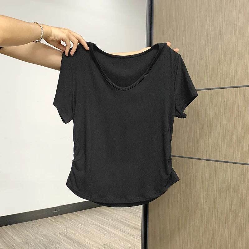 休闲时尚减龄百搭黑色v领正肩基础款设计感上衣侧腰收褶短袖T恤女