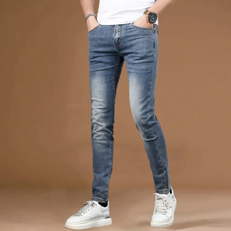 爆款男款修身小脚牛仔裤弹力2025新款秋季复古蓝休闲百搭裤子高档