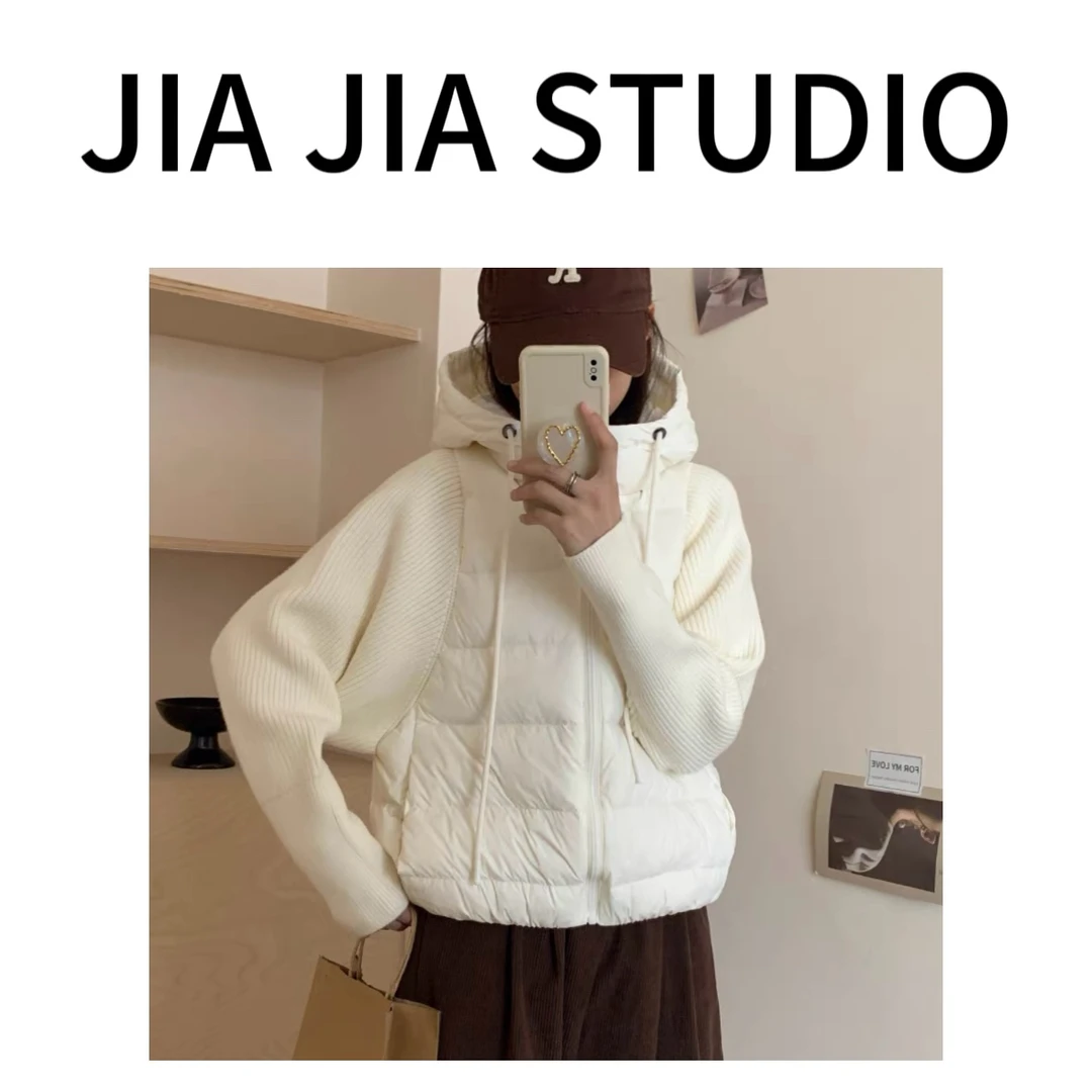 嘉嘉推荐#912【秋冬加棉加厚款】针织拼接连帽抽绳收腰棉服