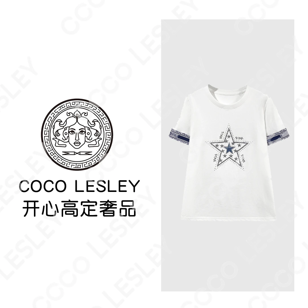 【COCO LESLEY】68091#重工刺绣拼接烫钻T恤2025百搭个性潮流上衣