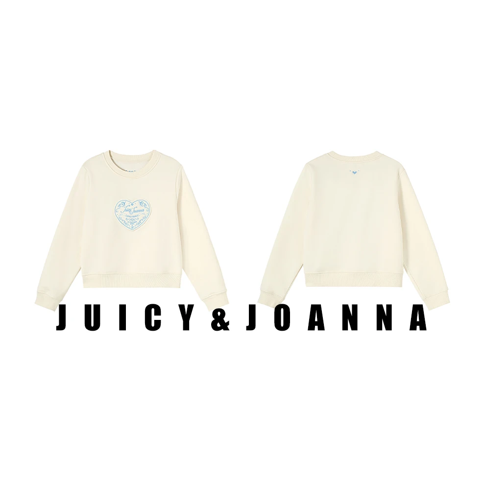 JUICY&JOANNA/橘子樱桃奶呼呼爱心贴布绣圆领套头加绒卫衣