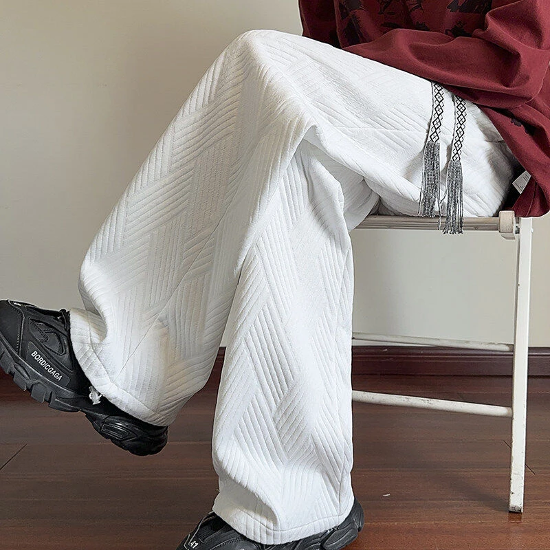 白色纹理感裤子男春季潮流百搭运动休闲裤美式潮牌直筒宽松阔腿裤