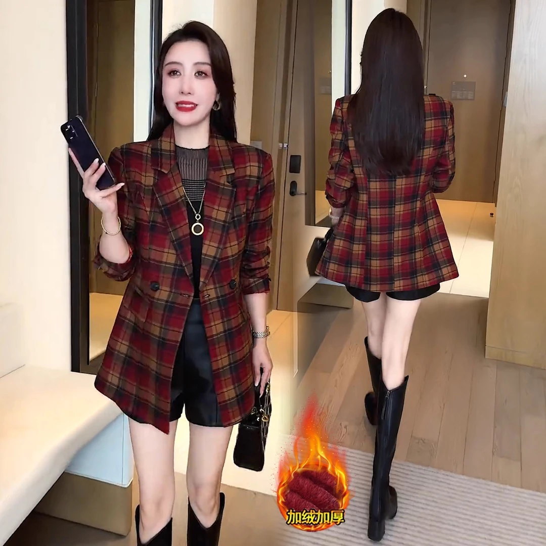 加绒加厚格子毛呢外套女2025冬季新款洋气修身中长款西装呢子大衣