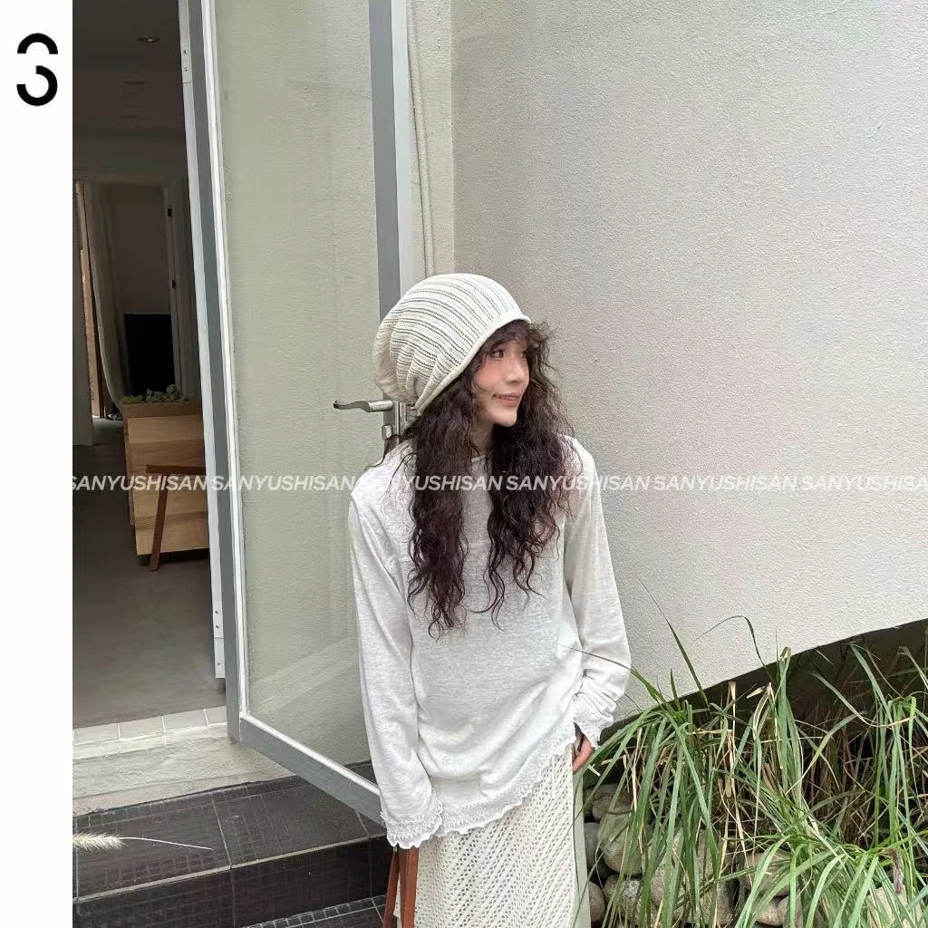 三与十三|花间柔光|春季森系下摆不规则宽松百搭纯色长袖打底t恤