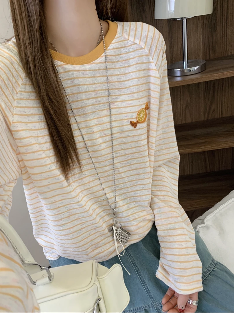 0229【夏季新款】刺绣糖果橙子宽松条纹防晒T恤