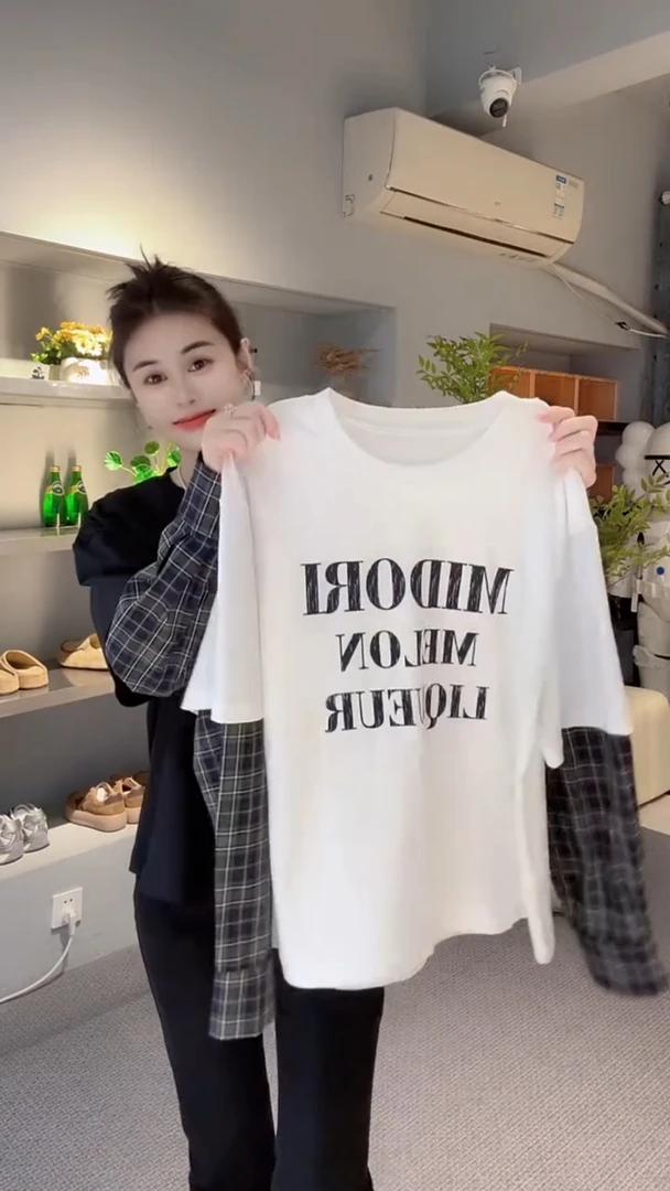 欧货洋气女装宽松字母叠穿格子袖T恤时尚百搭大T显瘦修身上衣