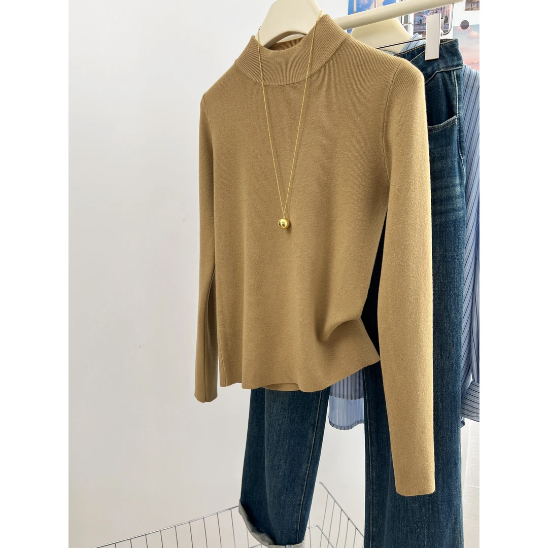 秋冬2025新款半高领长袖内搭针织打底衫女士法式别致修身慵懒毛衣