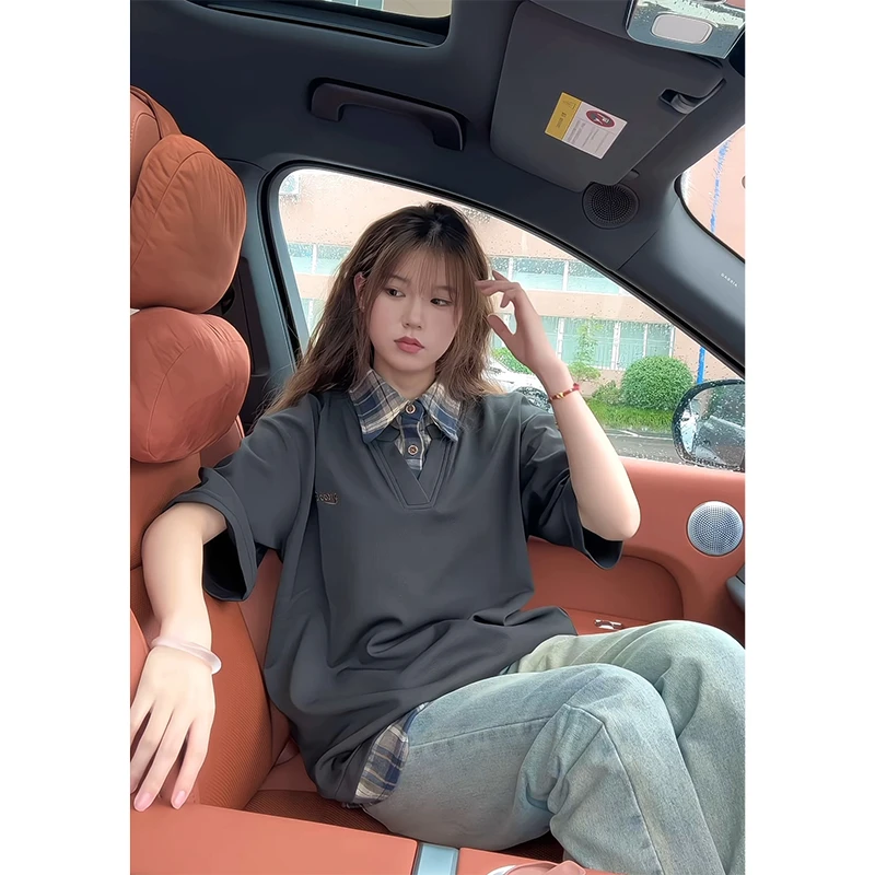 美式复古假两件polo衫短袖男款夏季设计感潮牌翻领宽松衬衫领T恤