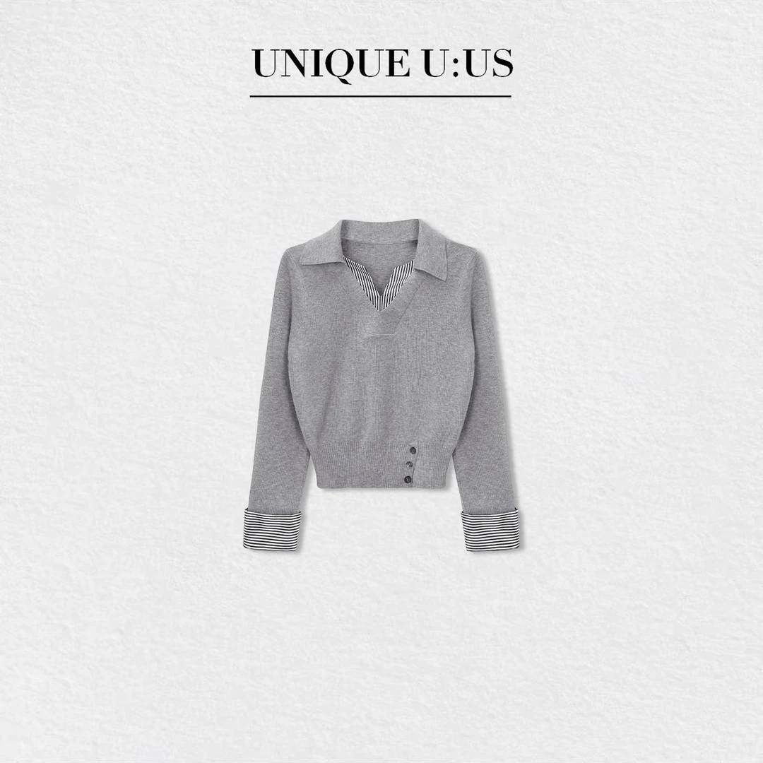 UNIQUE U:US【轻盈漫步】经典翻领拼接假两件简约知性针织衫2510928