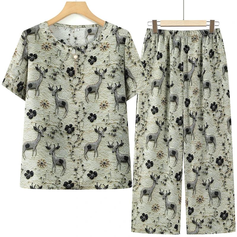 中老年女装夏季短袖套装大码妈妈装休闲宽松夏天薄款奶奶装两件套