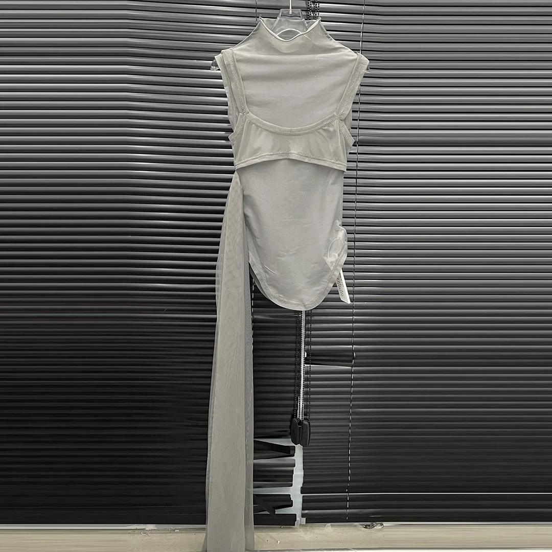 付新博女装飘带透视网纱T恤女小众设计辣妹假两件无袖上衣13878