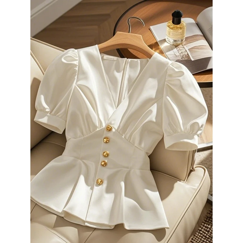 洋气高端别致小衫上衣轻熟法式小众白色短袖衬衫2025新款女装夏季